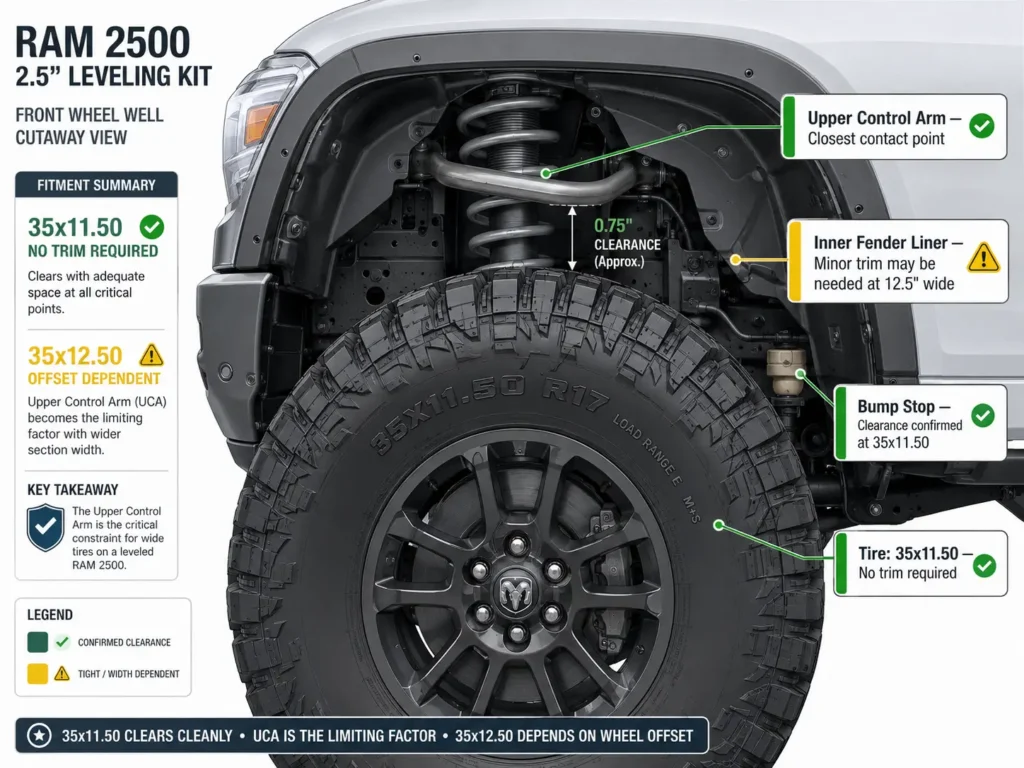 Ram 2500 front wheel well with 35-inch tire after 2.5-inch leveling kit — 
annotated clearance points at upper control arm, inner fender liner, and bump 
stop showing why tire width determines rub risk more than height