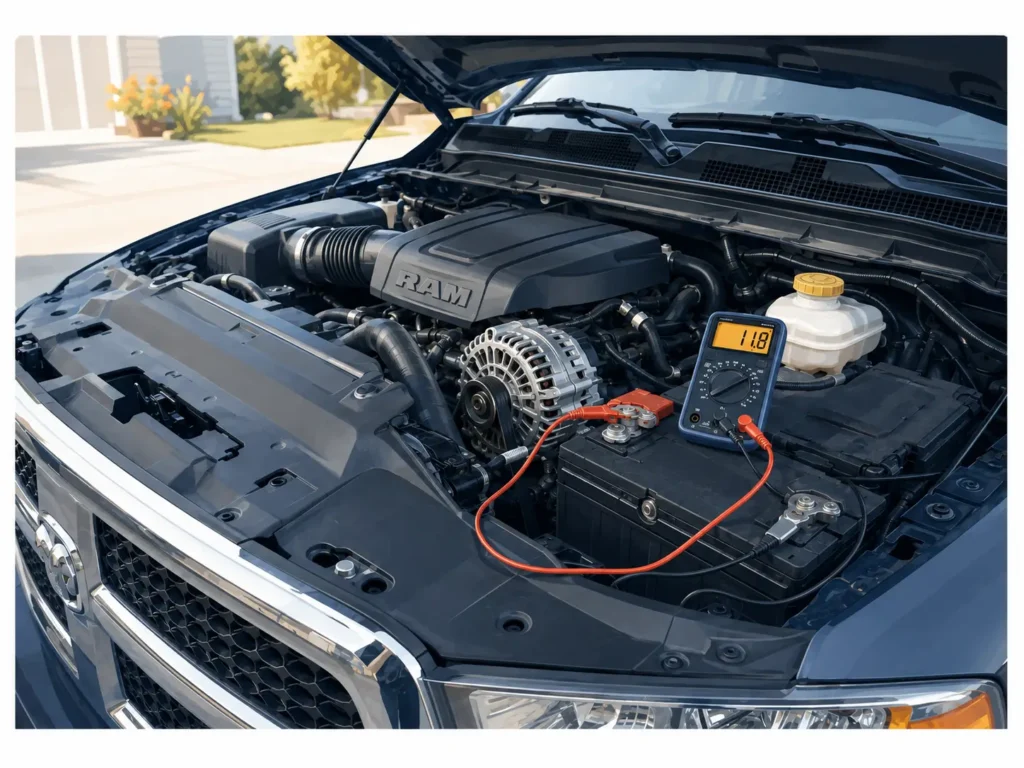 Four icons representing P0562 escalation triggers on Dodge Ram — wiring fault, PCM replacement, recurring code after repair, and warranty coverage — shows exactly when to stop DIY and take the truck to a shop