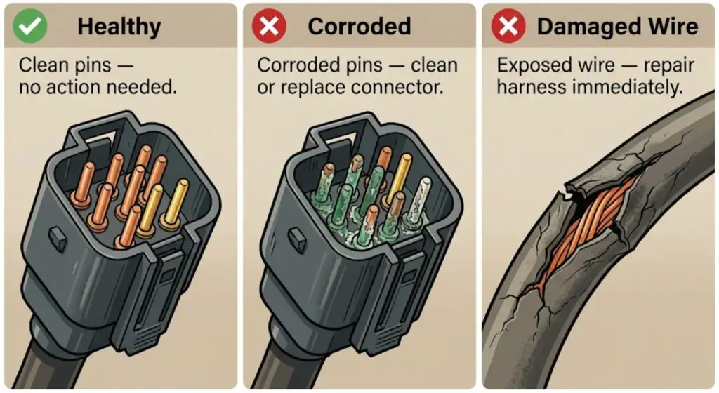 Close-up illustration of an ECM wiring harness connector showing three conditions side by side — a clean healthy connector with green checkmark, a corroded connector with green and white pin buildup with red X, and a frayed wire with cracked insulation with red X — demonstrating what to look for when inspecting wiring for U0100 fault