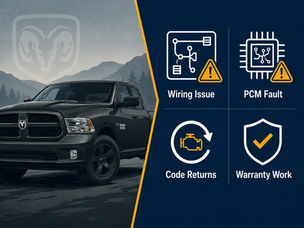 Dodge Ram engine bay with multimeter connected to battery terminals during P0562 voltage diagnosis — shows hands-on approach to fixing system voltage low code