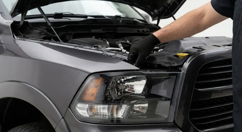 Gloved hand accessing 2018 Ram 1500 headlight housing from engine bay — shows the bulb replacement is a DIY job without a lift