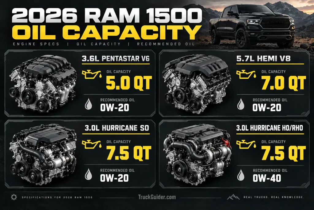 2026 RAM 1500 oil capacity for 3.6L Pentastar, 5.7L HEMI and 3.0L Hurricane engines