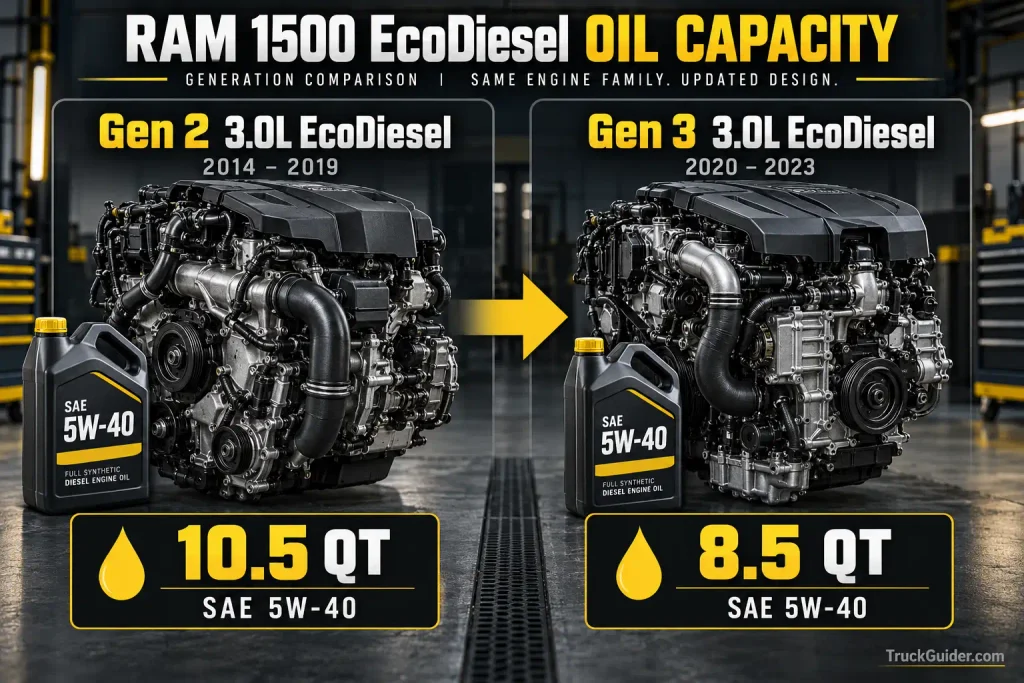 RAM 1500 EcoDiesel oil capacity Gen 2 10.5 quarts vs Gen 3 8.5 quarts