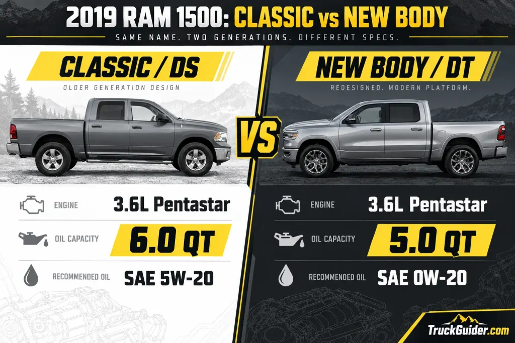 2019 RAM 1500 Classic vs DT 3.6L oil capacity 6 quarts vs 5 quarts