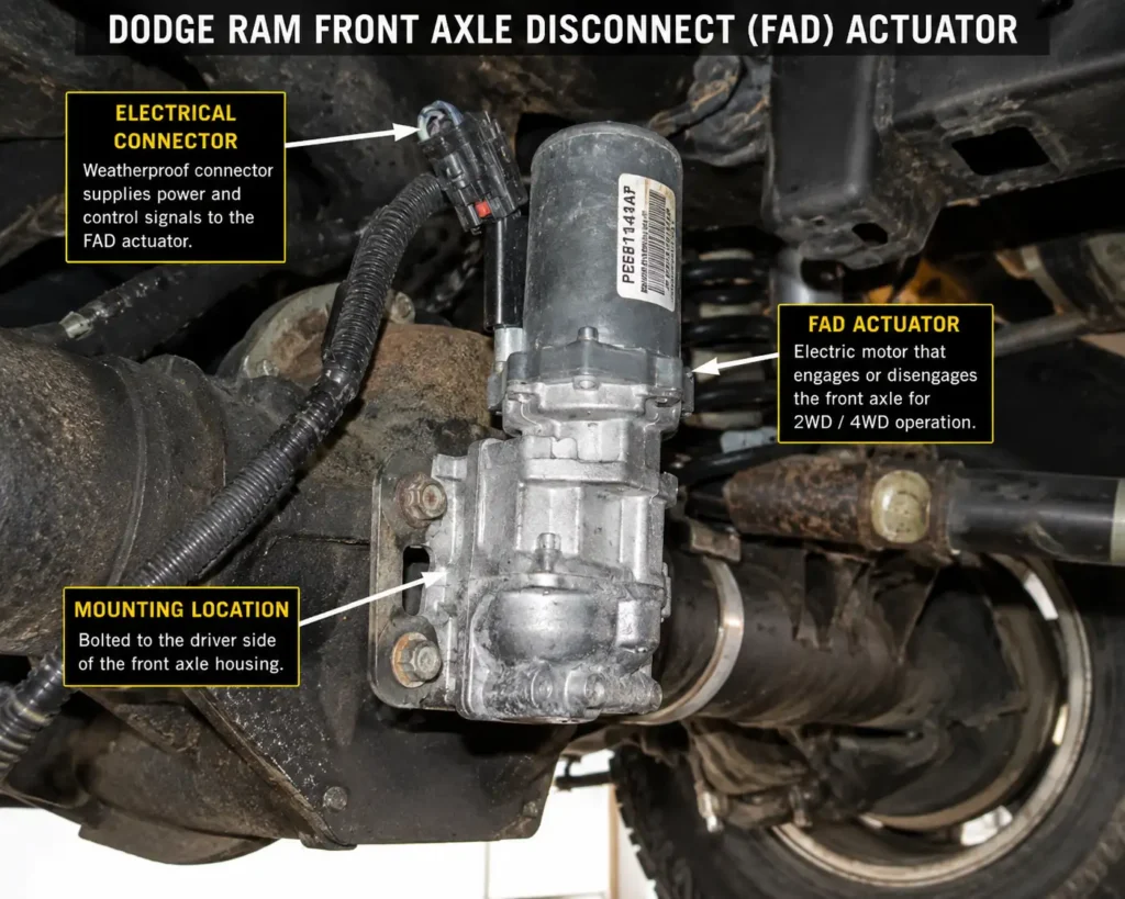 Dodge Ram Front Axle Disconnect FAD actuator with electrical harness under front axle