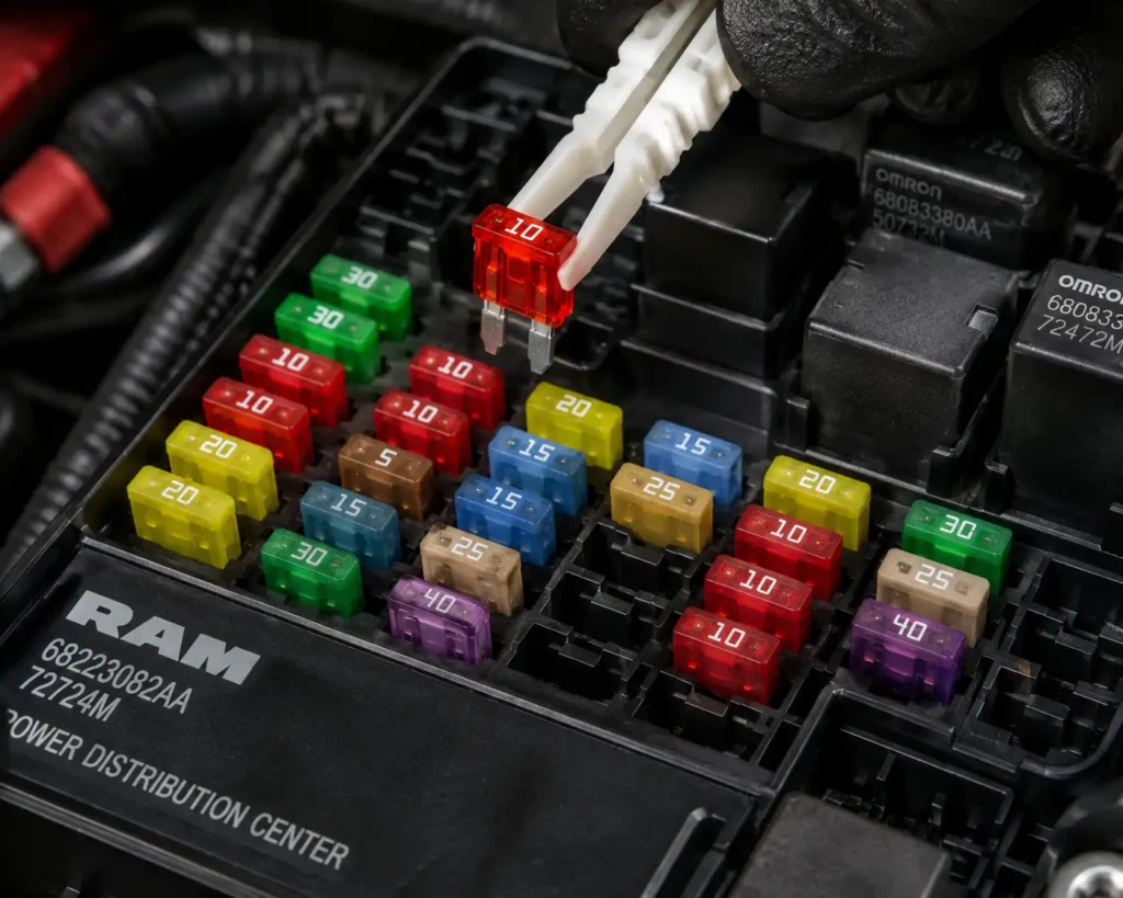 Dodge Ram fuse box with fuse puller removing a red 10-amp fuse from the power distribution center.