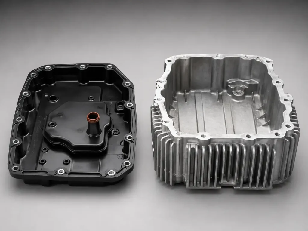 OEM plastic transmission pan with integrated filter beside deep cast aluminum transmission pan with cooling fins