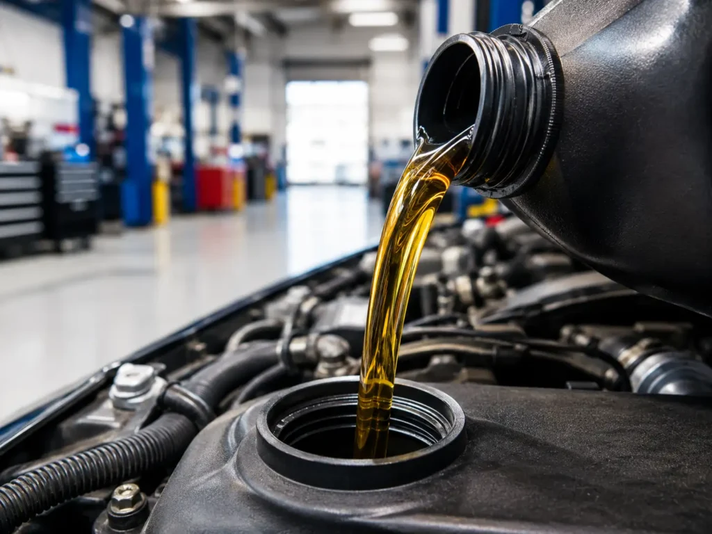 Fresh golden 0W-40 synthetic oil pouring into an engine oil filler neck