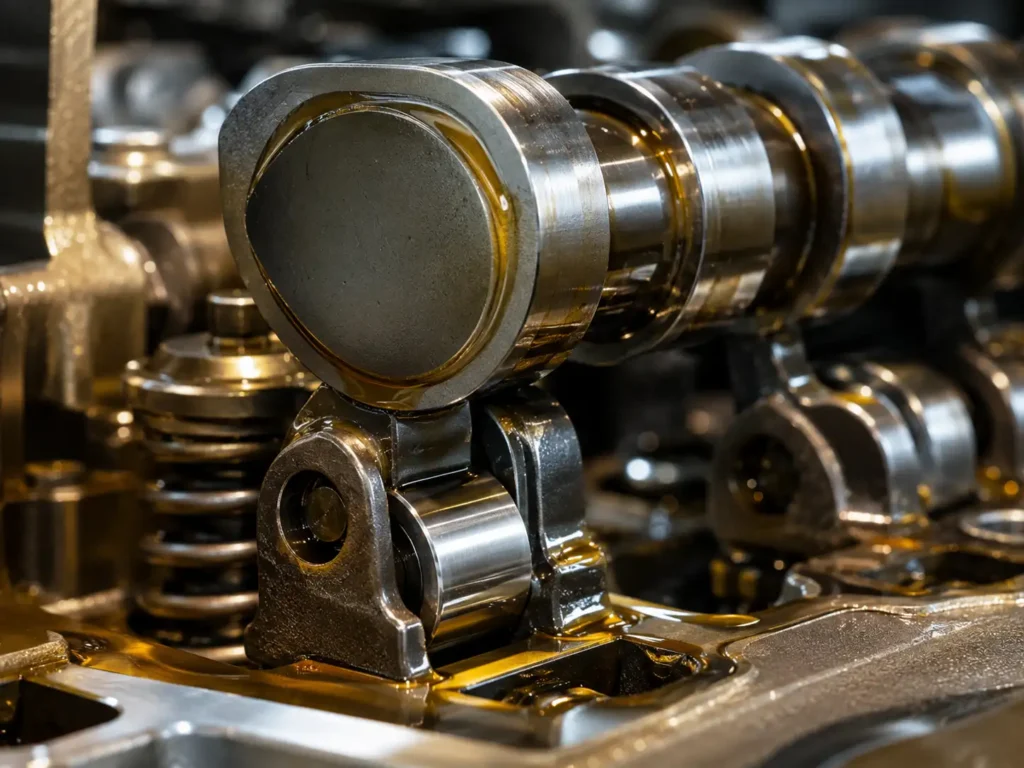 Close-up technical rendering of a camshaft and roller lifter coated in engine oil