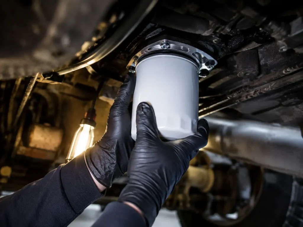 Mechanic wearing black gloves installing a new oil filter under a heavy-duty truck