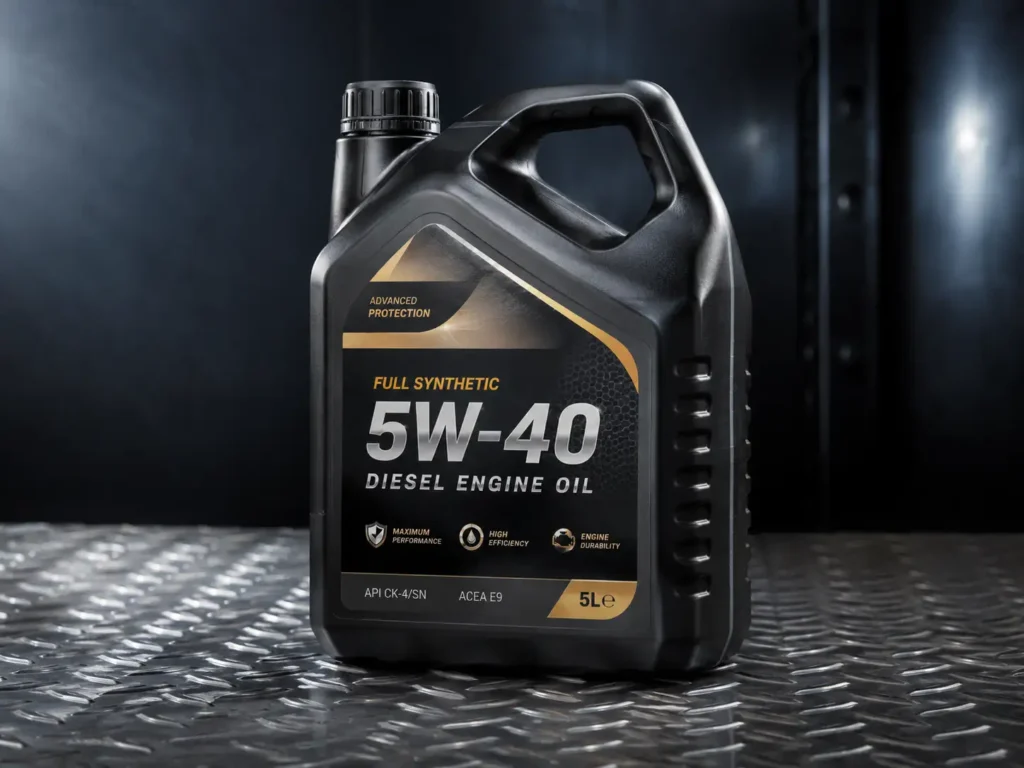 5W-40 full synthetic diesel engine oil jug on a diamond-plate metal surface