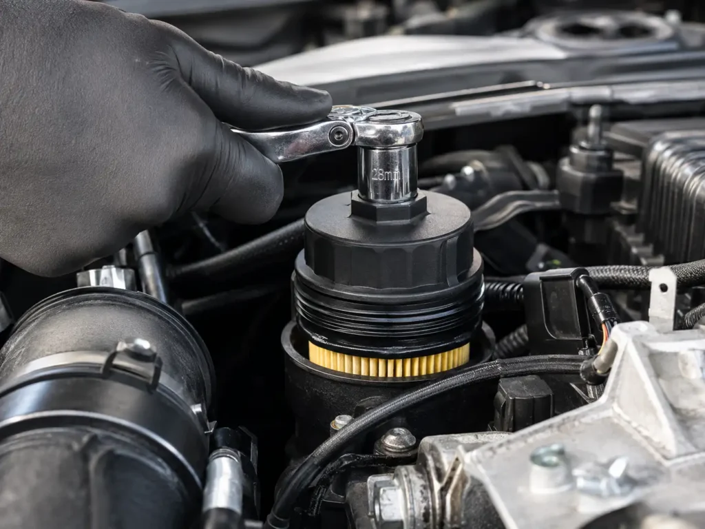 Mechanic using a 28mm socket on a top-mounted oil filter cap in a clean engine bay