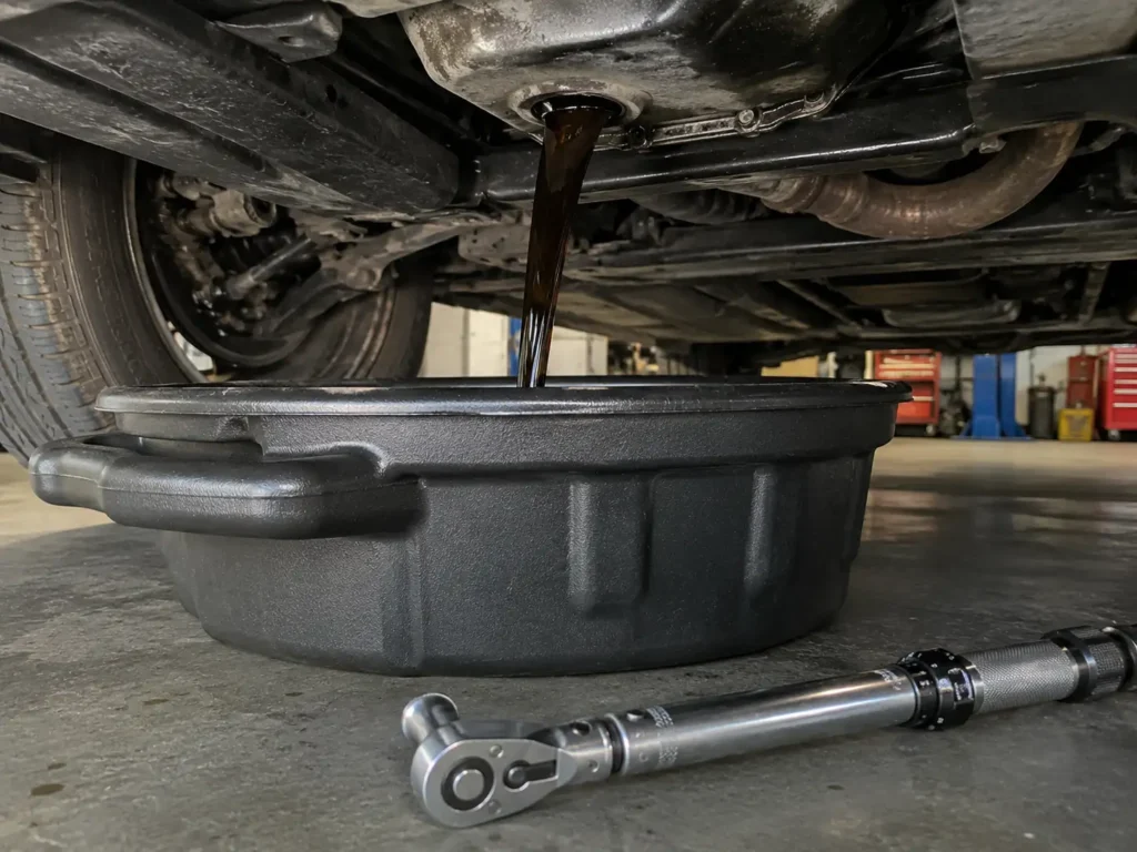 Dark engine oil draining into a large black drain pan under a vehicle with tools nearby