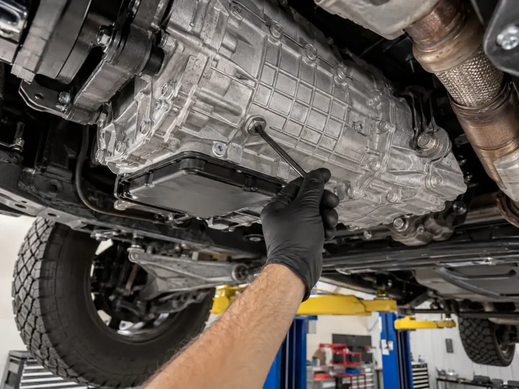 Mechanic loosening ZF 8-speed transmission fill plug under lifted Ram 1500 with 8mm hex tool