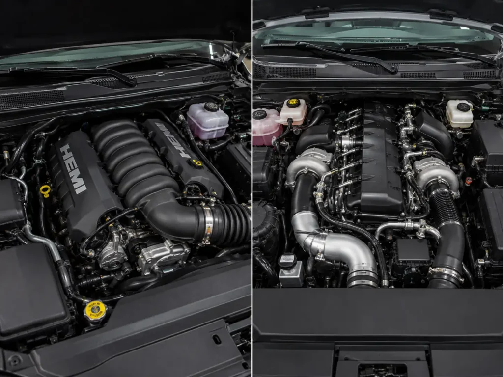 Ram 1500 5.7L HEMI V8 and Hurricane I-6 engine bay side by side showing generation change in engine options by year