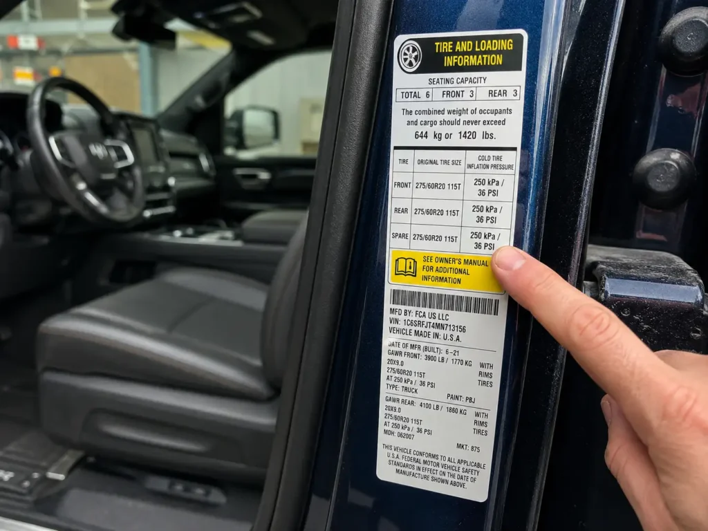 Ram 1500 door jamb tire pressure placard showing recommended PSI for TPMS reset