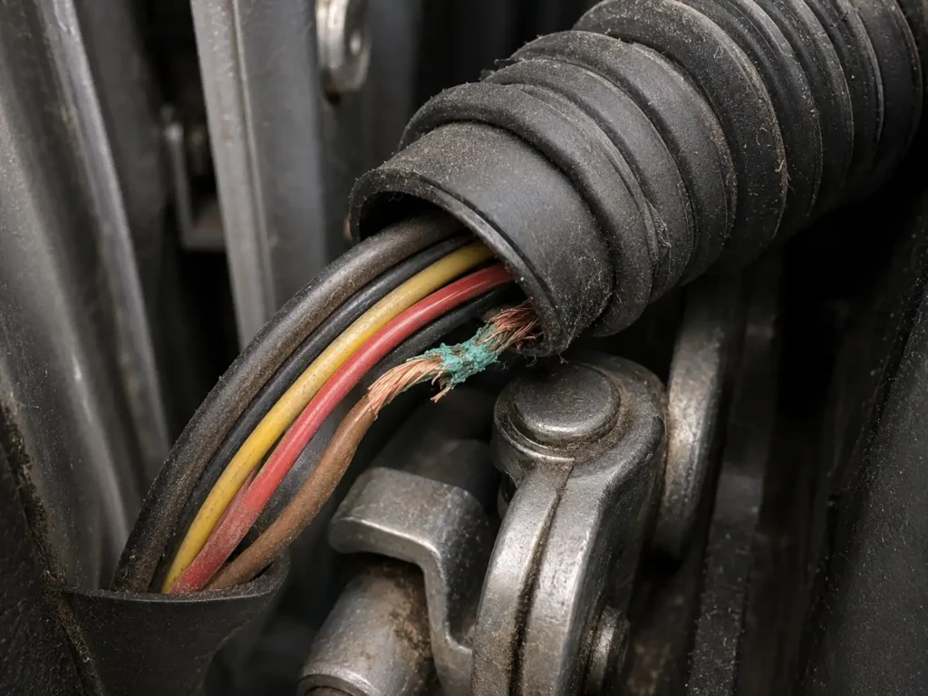 Close-up of a Ram truck door hinge wiring boot pulled back to reveal frayed, corroded wires inside the harness.