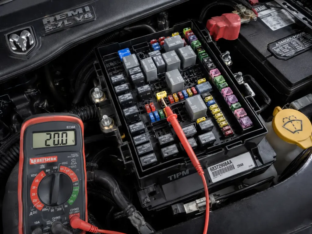 Overhead view of a Ram engine bay fuse box with exposed fuses and relays while a multimeter probe tests a 20-amp fuse.
