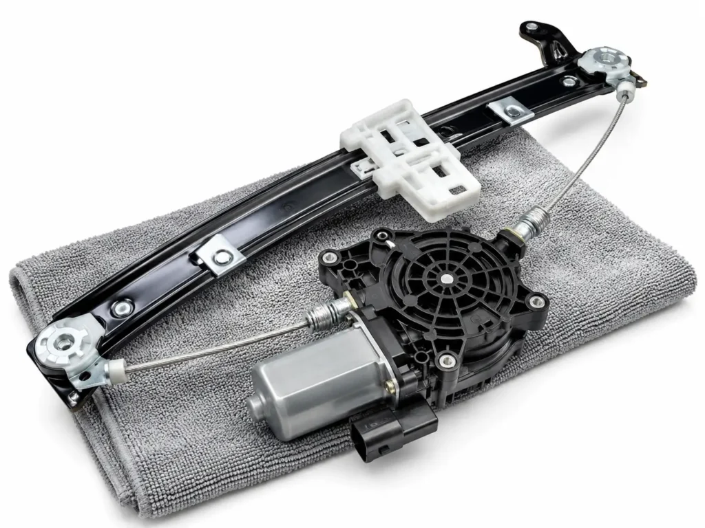 New window regulator and motor assembly displayed on a gray microfiber towel against a clean white background.