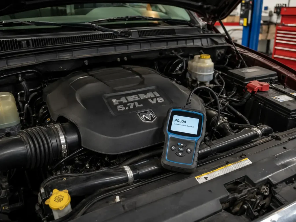 Dodge Ram 5.7 Hemi engine bay with OBD scanner showing P0340 code