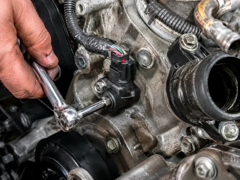 Camshaft position sensor location on a Dodge Ram 5.7 Hemi timing cover.