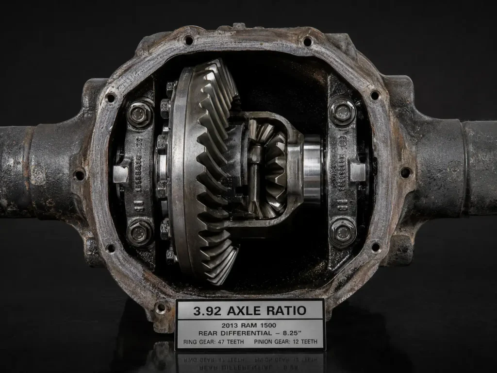 Close-up studio photo of a 2013 Ram 1500 rear differential with the housing open, showing the ring and pinion gears for a 3.92 axle ratio.