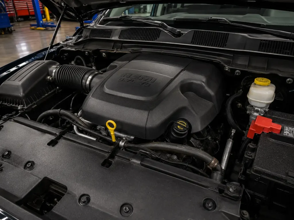 Clean 2015 Ram 1500 5.7L HEMI V8 engine bay with yellow oil dipstick and oil filler cap highlighted in a well-lit garage.