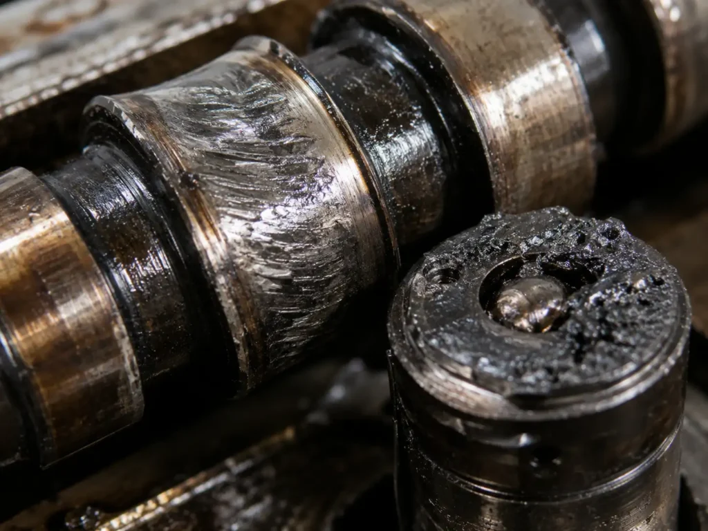 Severely worn engine camshaft lobe beside a seized blackened hydraulic roller lifter