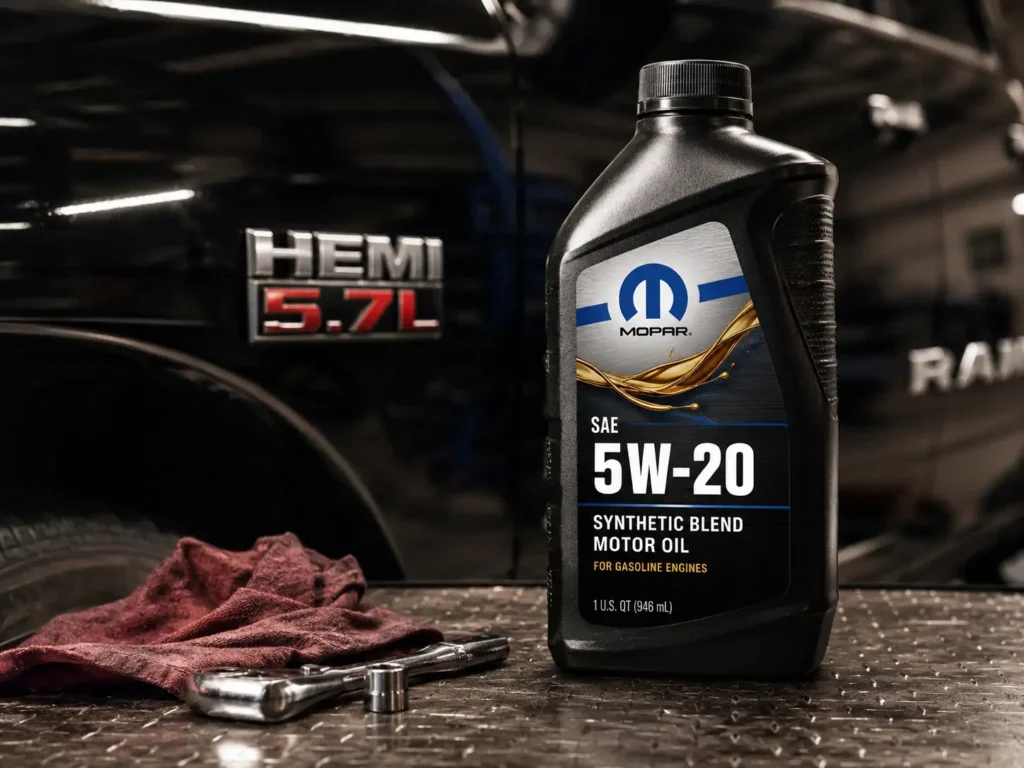 Mopar 5W-20 synthetic blend motor oil bottle on a textured workbench with a blurred HEMI 5.7L Ram badge in the background.