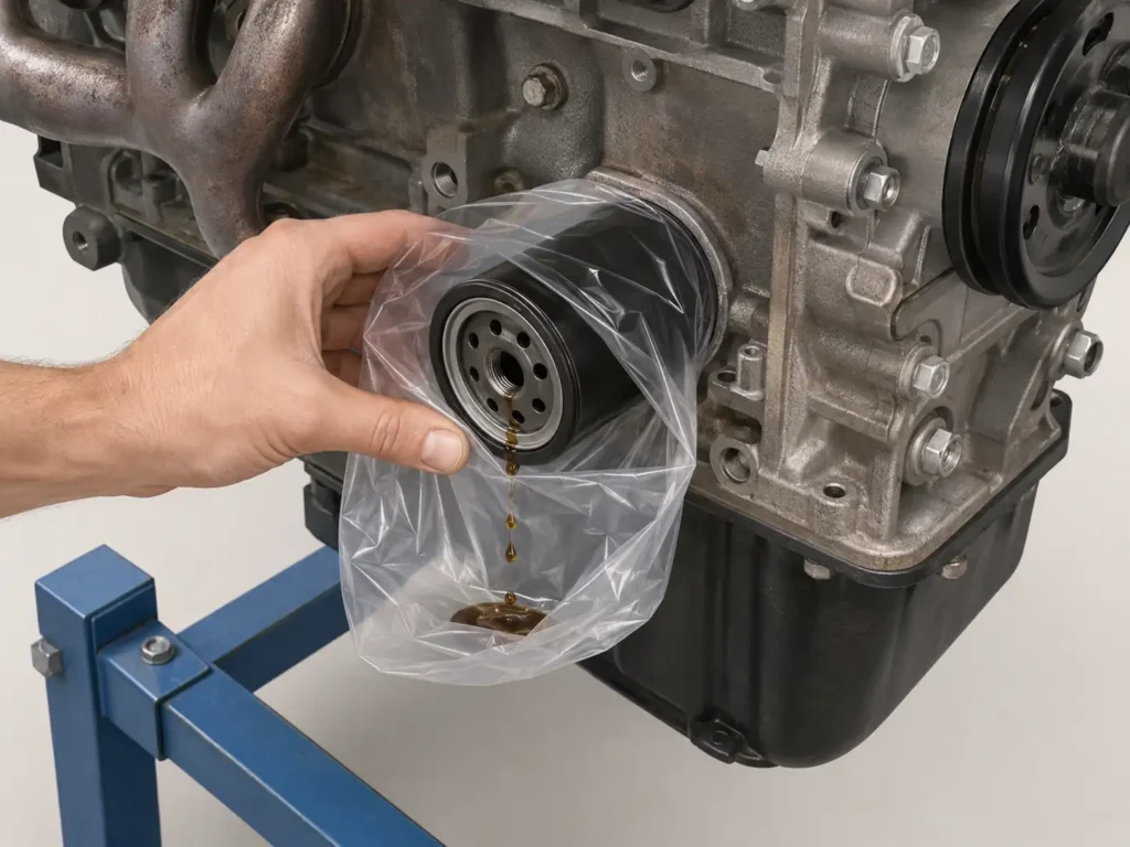 Isometric illustration of a hand placing a clear plastic bag over a horizontal oil filter to catch dripping oil during mess-free removal