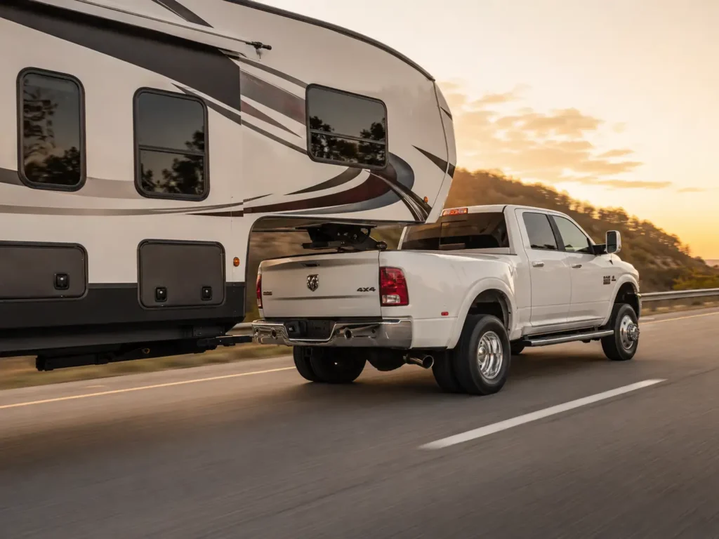 2014 Ram 2500 towing capacity shown with loaded fifth-wheel trailer