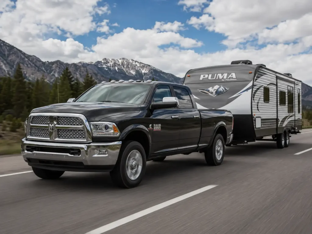 2015 Ram 2500 towing a travel trailer on the highway