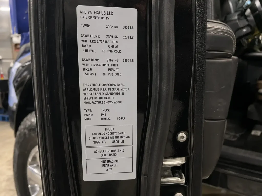 Ram 2500 door jamb sticker showing GVWR and axle ratio