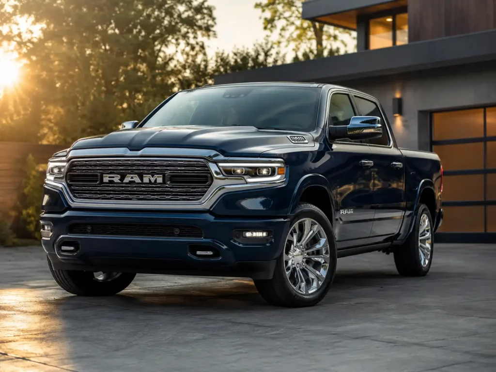 2022 Ram 1500 Limited in Patriot Blue parked on a modern concrete driveway at golden hour, with the front grille and LED headlights in sharp focus.