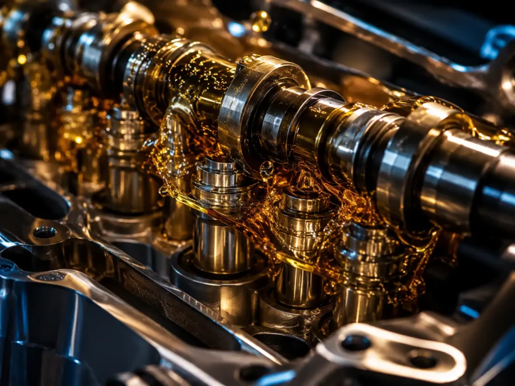 Hyper-realistic technical rendering of golden synthetic motor oil flowing over a camshaft and roller lifters inside a high-precision engine assembly.