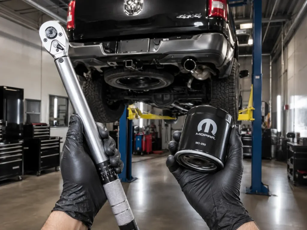 First-person view of a mechanic wearing black gloves holding a torque wrench and Mopar oil filter in a clean shop with a 2022 Ram 1500 lifted in the background.