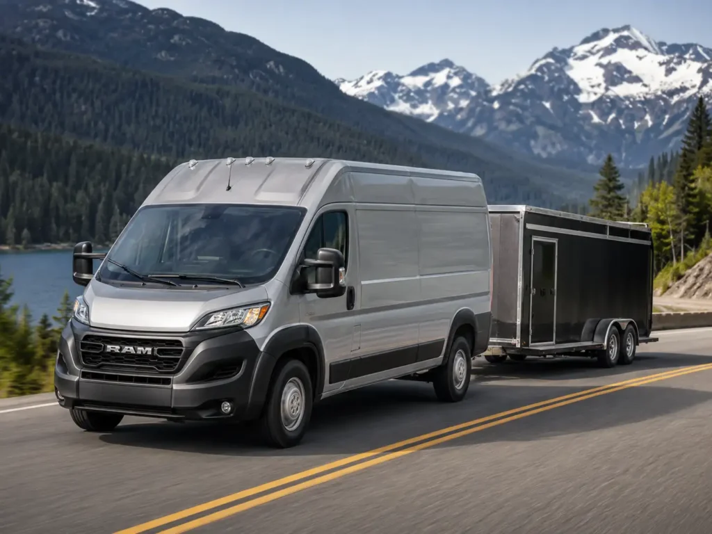 Ram ProMaster, Ford Transit, and Mercedes Sprinter cargo vans parked side by side at a warehouse loading dock for size comparison.