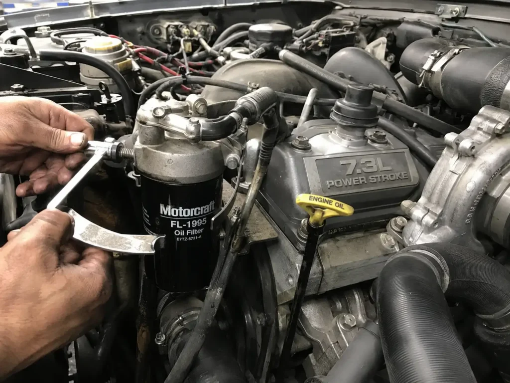 7.3 Powerstroke engine bay oil filter and dipstick location