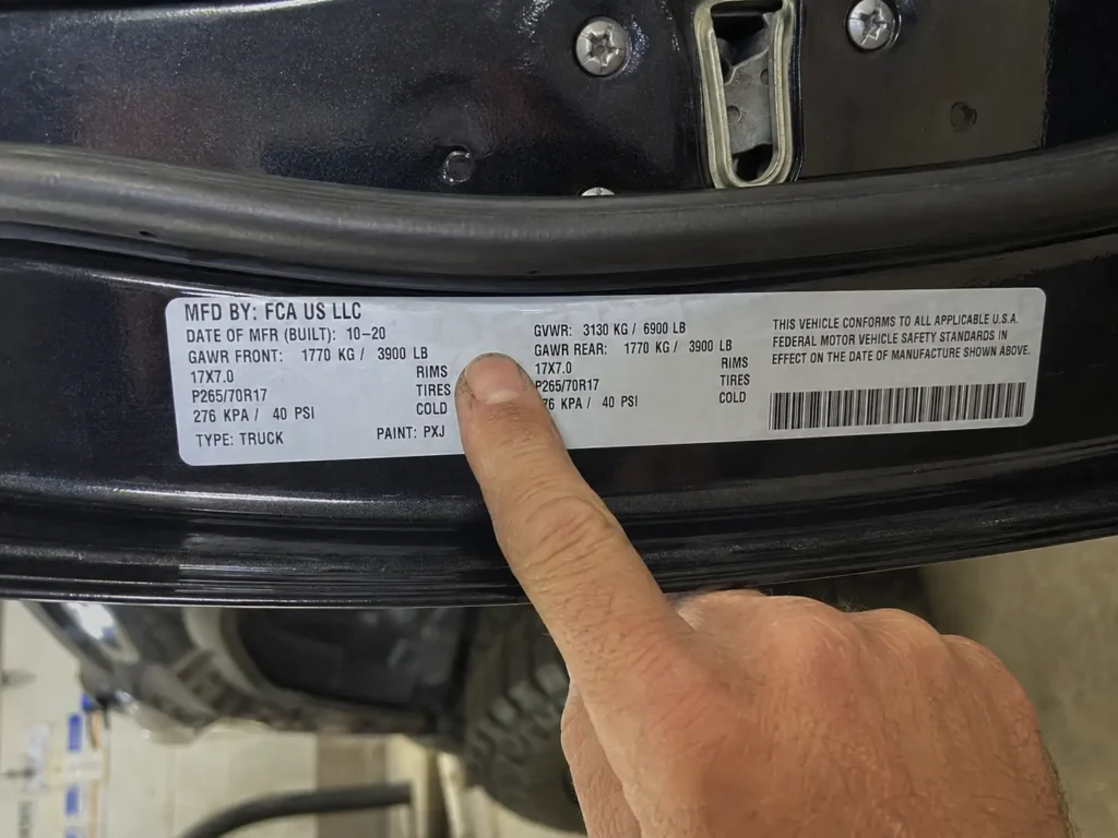 Ram 1500 door jamb sticker showing GVWR and axle rating