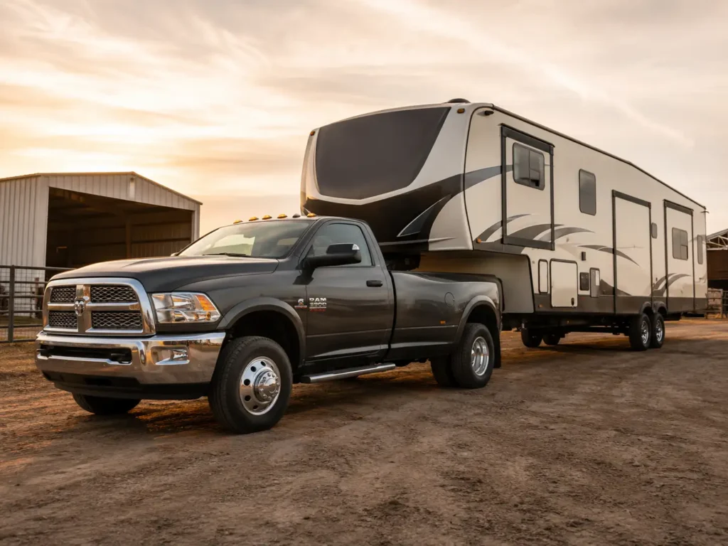 2016 Ram 3500 dually truck towing a fifth-wheel trailer