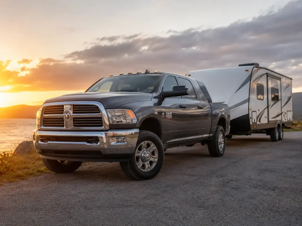 2017 Ram 2500 Cummins towing a travel trailer outdoors