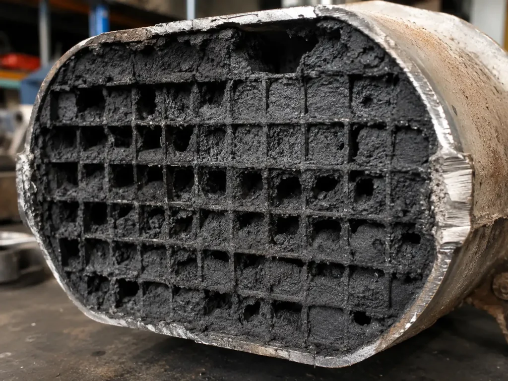Cross-section of a diesel particulate filter with honeycomb channels heavily clogged by thick black soot