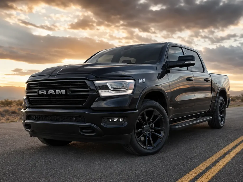 Black Ram 1500 with 5.7L Hemi badge parked on an open road at sunset