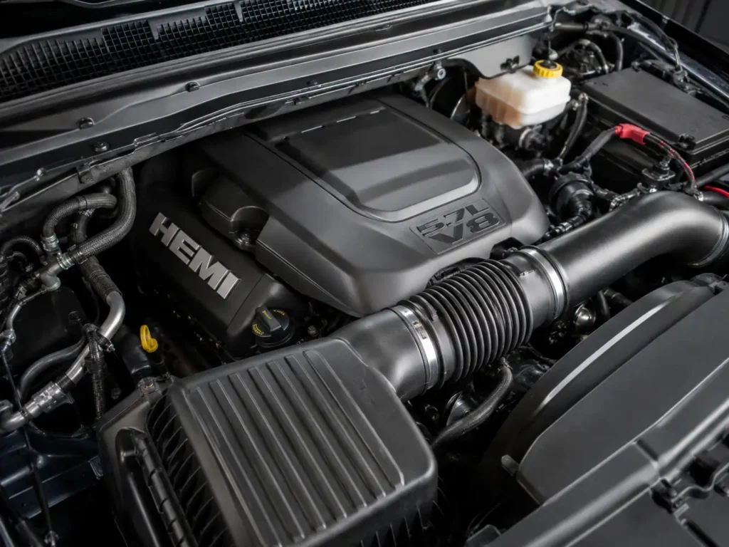 Close-up of Ram 1500 5.7L Hemi V8 engine bay with HEMI lettering visible