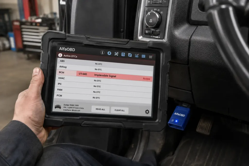 Mechanic using AlfaOBD tablet to diagnose Dodge Ram U1440 code through Bluetooth OBD-II connection in a professional garage setting.