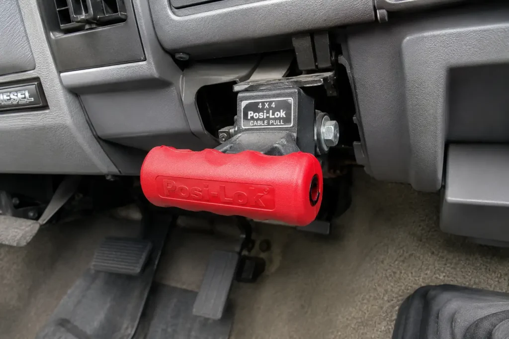 Red 4x4 Posi-Lok manual cable pull mounted under a 2nd Gen Ram dashboard