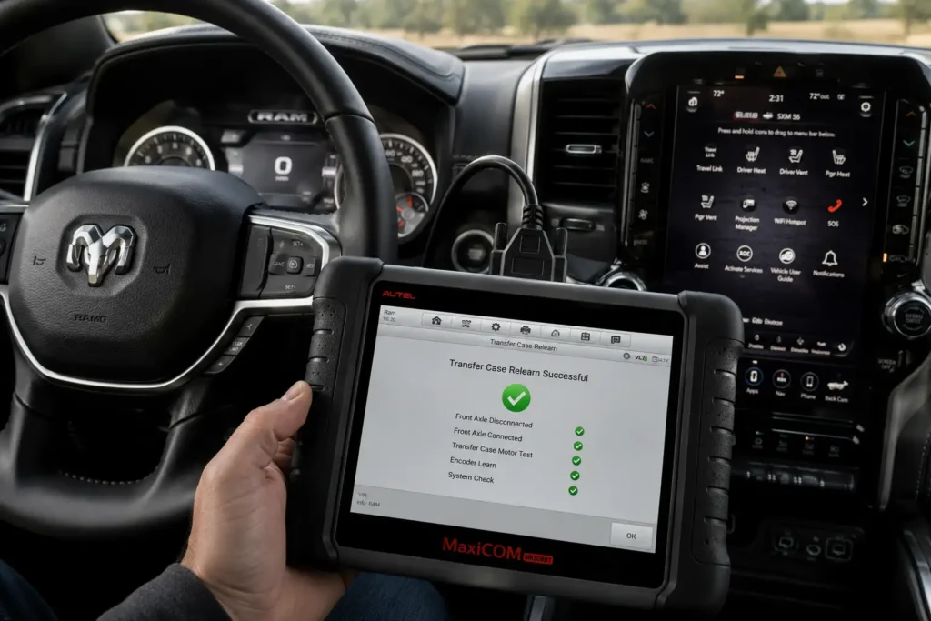 Dodge Ram dashboard showing successful transfer case relearn on diagnostic tablet connected to OBD-II port.
