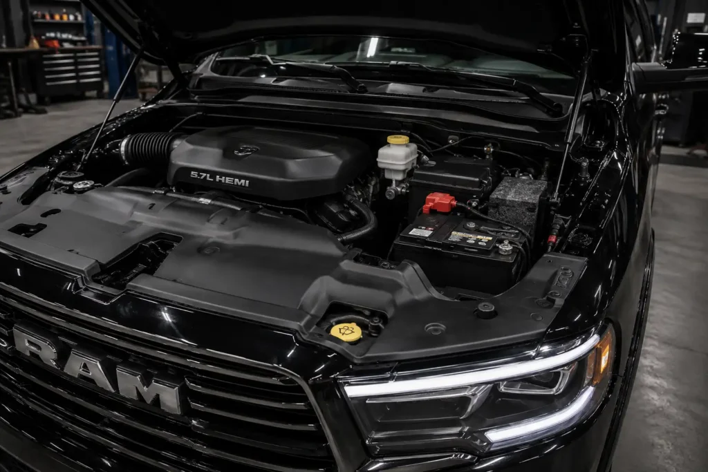 2022 Ram 1500 Limited with hood open in a modern garage showing the engine bay and battery area