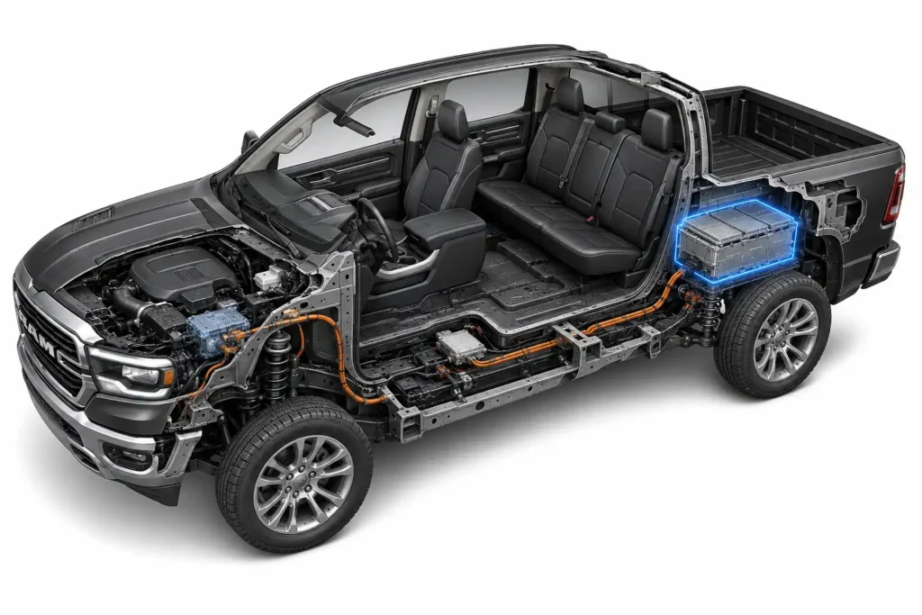 3D cutaway illustration of a Ram 1500 cabin highlighting the 48V battery pack behind the rear passenger seats