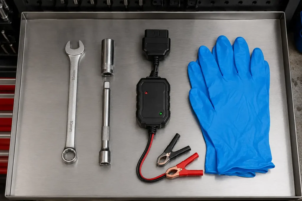 Flat-lay of battery replacement tools including a 10mm wrench, 13mm deep socket, extension, OBD2 memory saver, and blue gloves